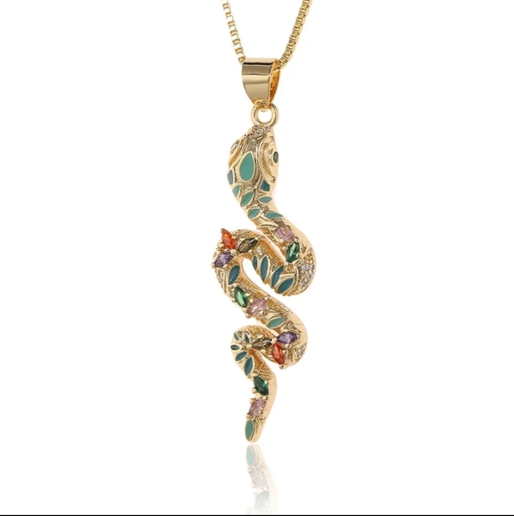 Enamel Snake with Rhinestones Gold tone Necklace - Picture 14 of 15